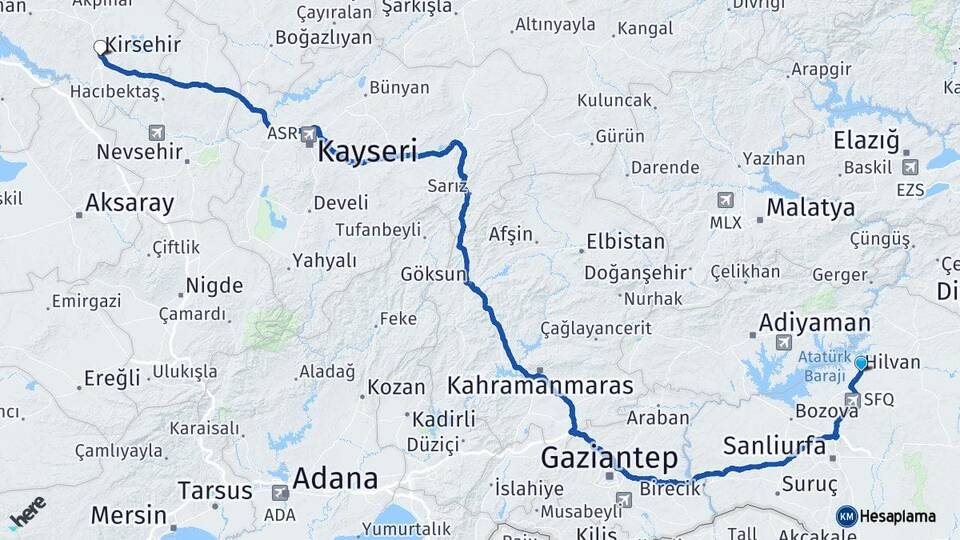 Şanlıurfa Hilvan Kırşehir Arası Kaç Km - Yol Haritası