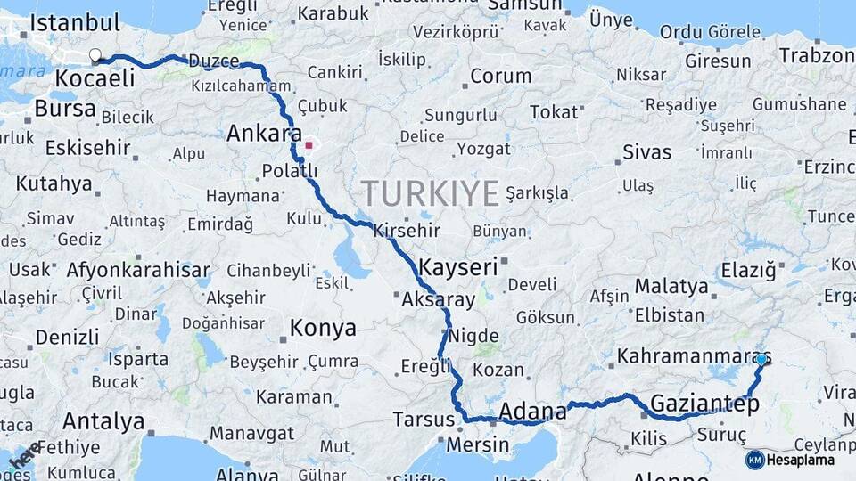 Şanlıurfa Hilvan Kocaeli Arası Kaç Km - Yol Haritası