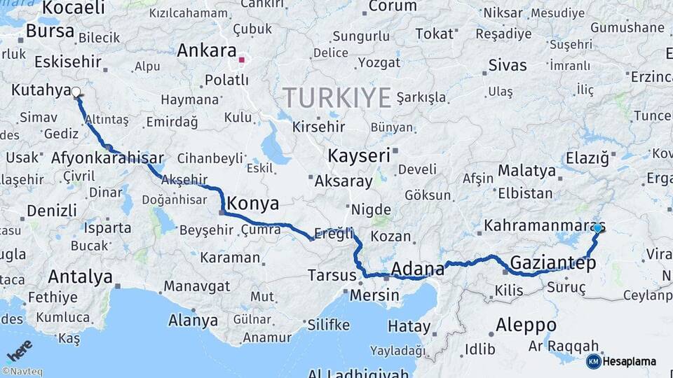 Şanlıurfa Hilvan Kütahya Arası Kaç Km - Yol Haritası