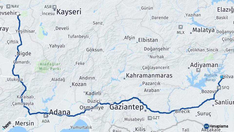 Şanlıurfa Hilvan Nevşehir Arası Kaç Km - Yol Haritası