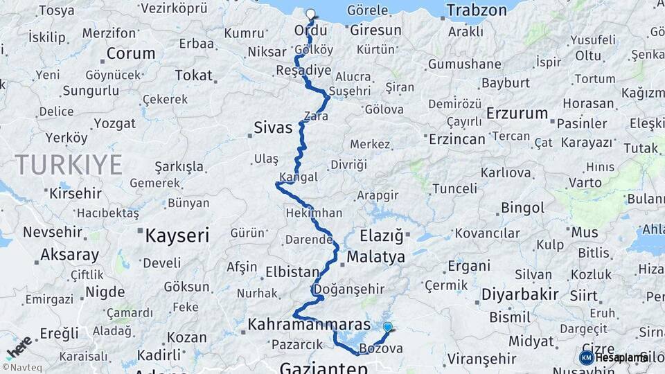 Şanlıurfa Hilvan Ordu Arası Kaç Km - Yol Haritası