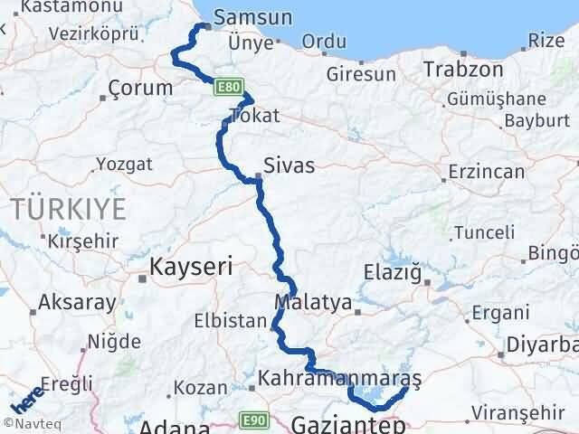 Şanlıurfa Hilvan Samsun Arası Kaç Km - Yol Haritası
