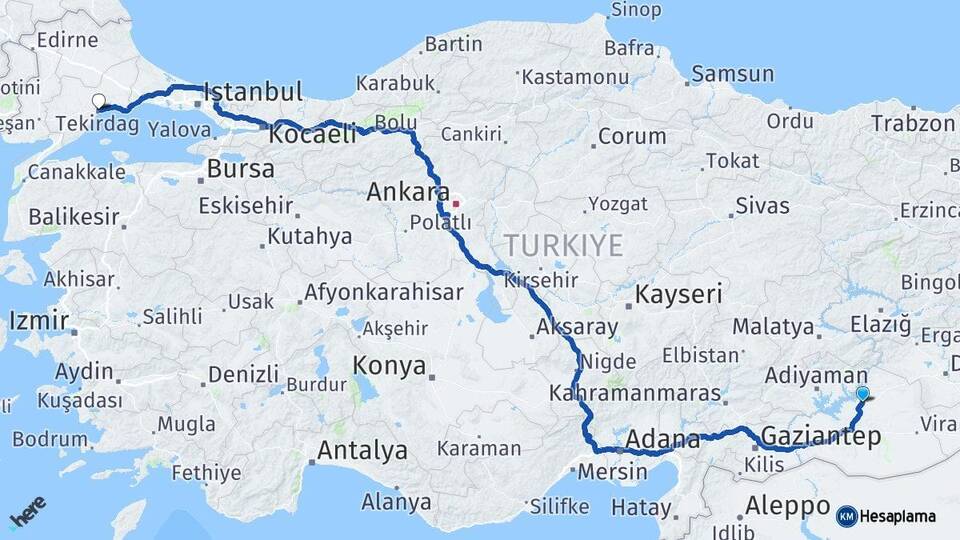 Şanlıurfa Hilvan Tekirdağ Arası Kaç Km - Yol Haritası