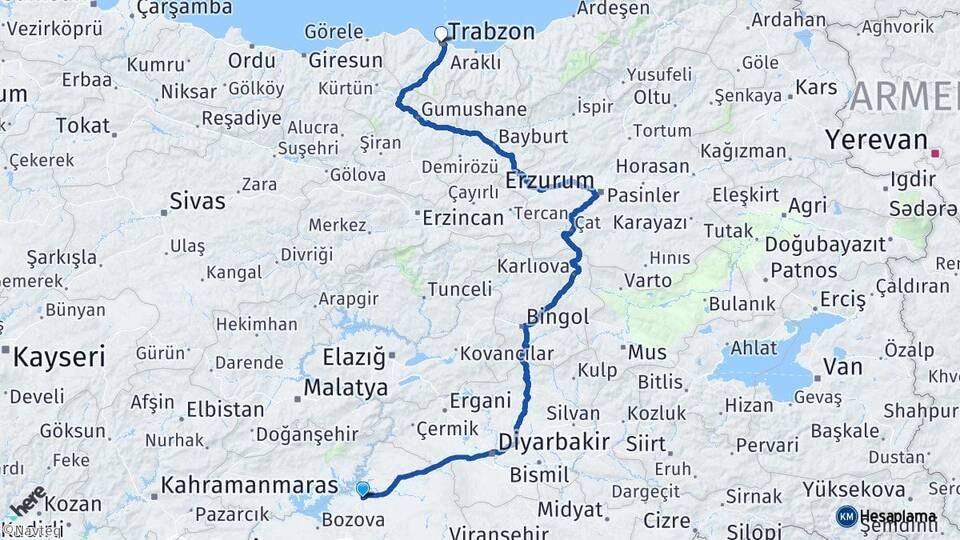 Şanlıurfa Hilvan Trabzon Arası Kaç Km - Yol Haritası