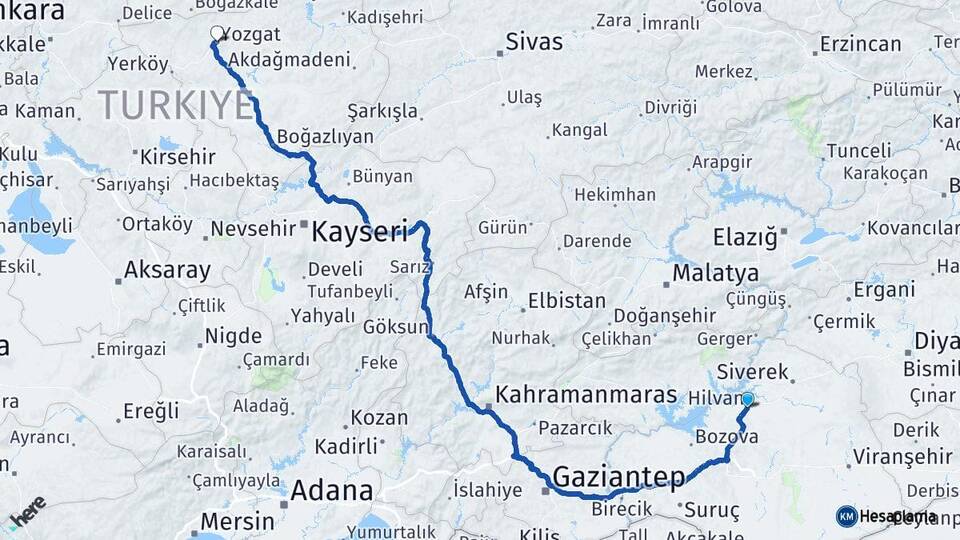 Şanlıurfa Hilvan Yozgat Arası Kaç Km - Yol Haritası