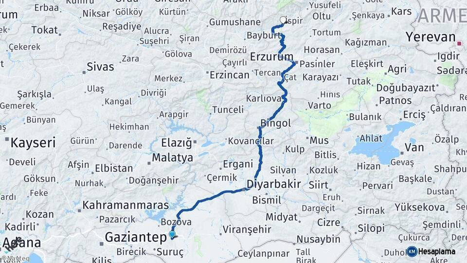 Şanlıurfa İspir Erzurum Arası Kaç Km - Yol Haritası