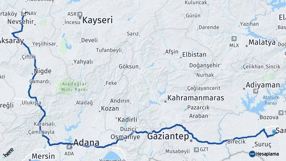 Şanlıurfa Kapadokya Havalimanı Arası Kaç Km - Yol Haritası