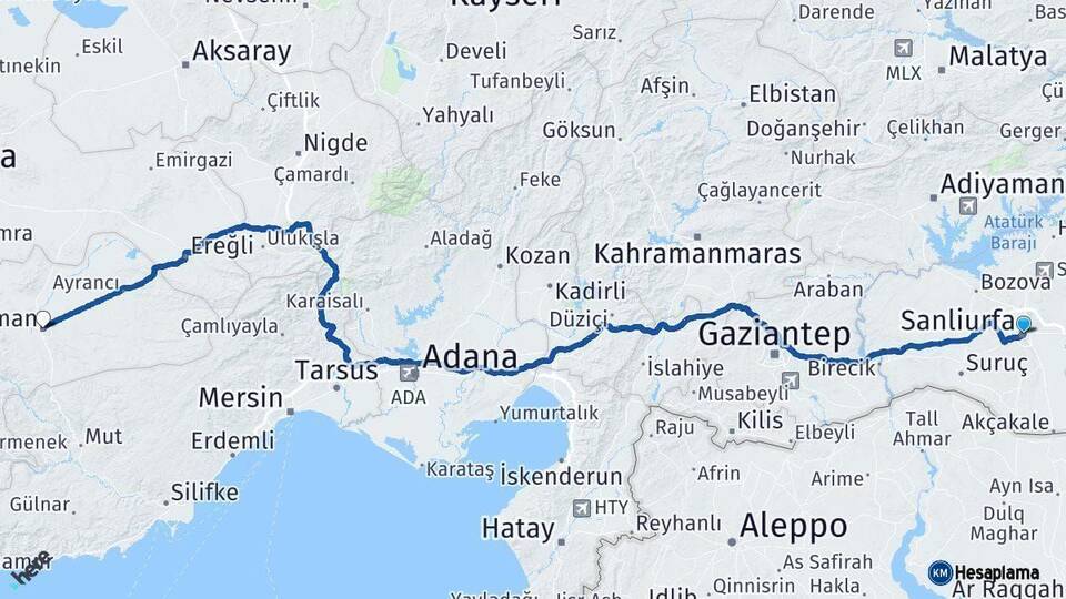 Şanlıurfa Karaman Arası Kaç Km - Yol Haritası