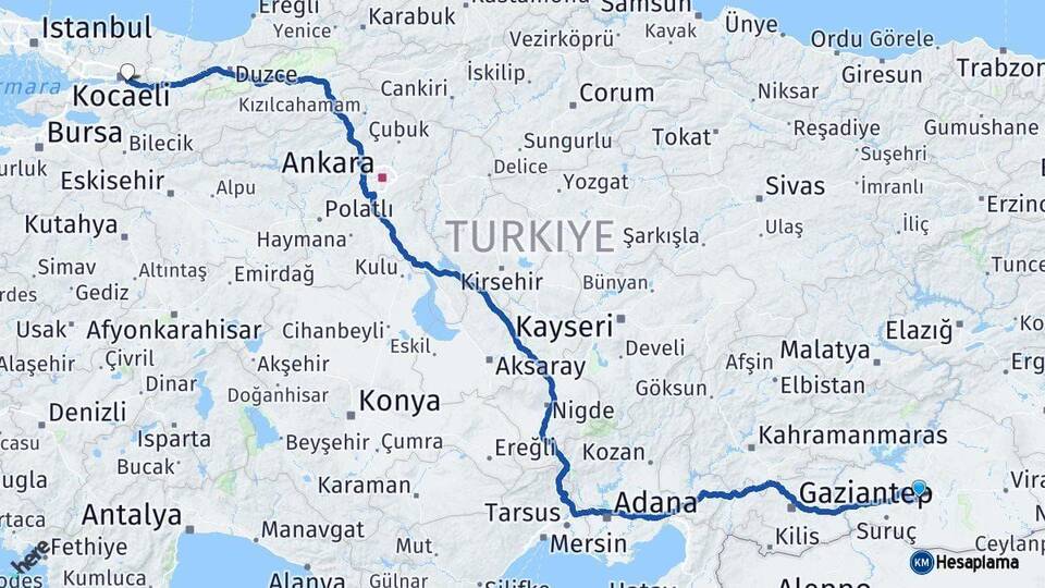 Şanlıurfa Kartepe Kocaeli Arası Kaç Km - Yol Haritası