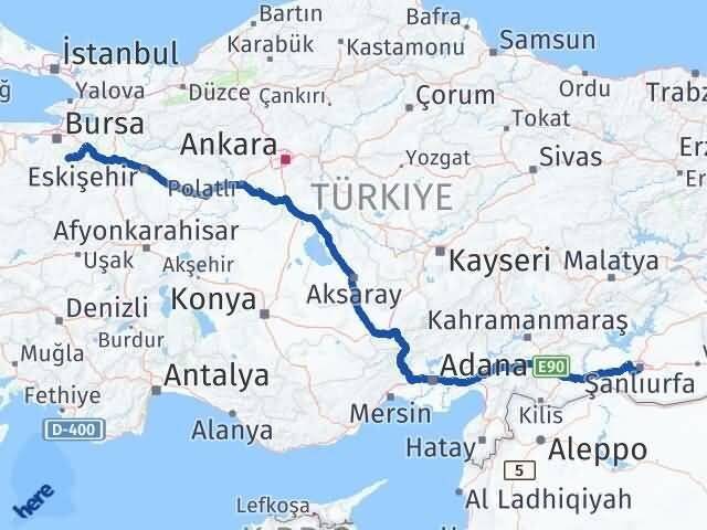 Şanlıurfa Keles Bursa Arası Kaç Km - Yol Haritası