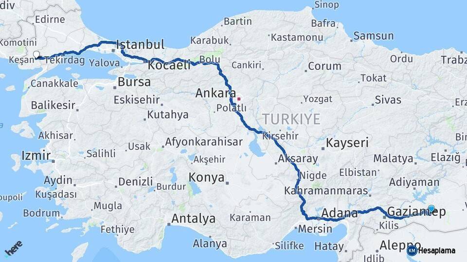 Şanlıurfa Keşan Edirne Arası Kaç Km - Yol Haritası