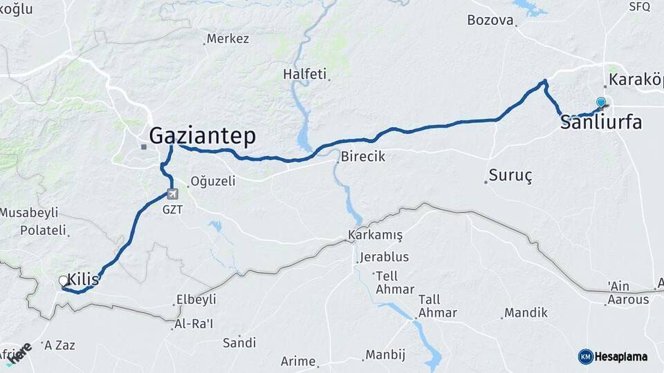 Şanlıurfa Kilis Arası Kaç Km - Yol Haritası