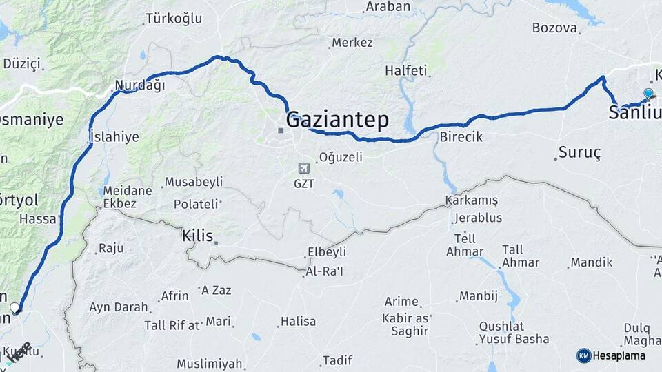 Şanlıurfa Kırıkhan Hatay Arası Kaç Km - Yol Haritası