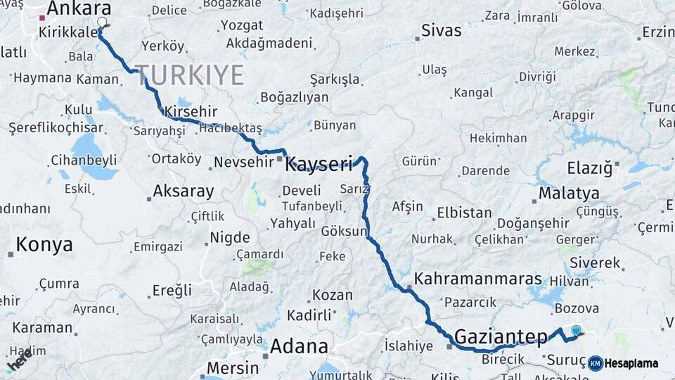 Şanlıurfa Kırıkkale Arası Kaç Km - Yol Haritası