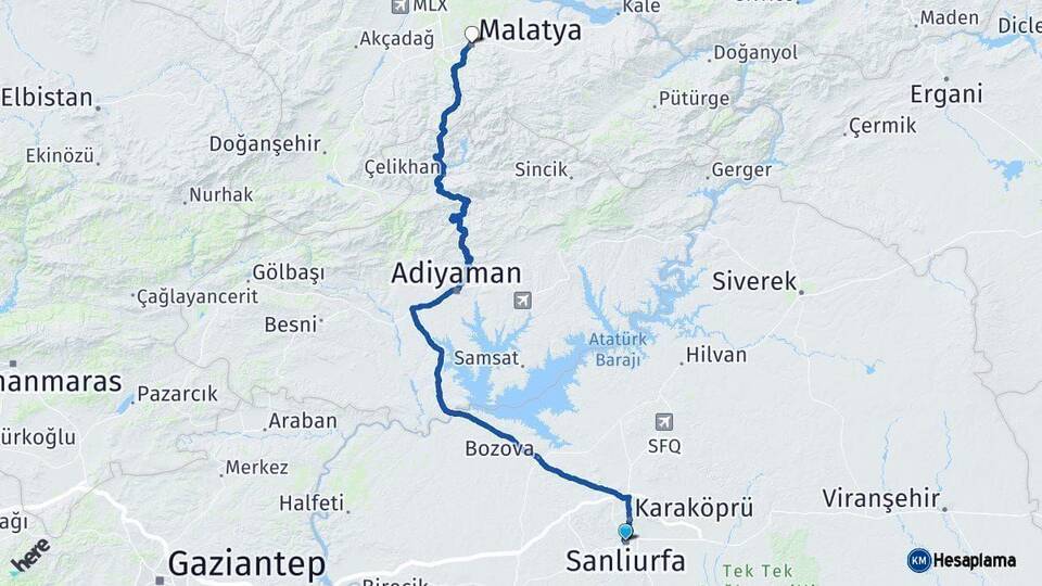 Şanlıurfa Malatya Arası Kaç Km - Yol Haritası