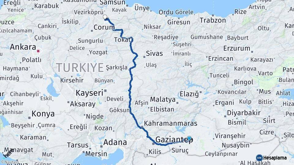 Şanlıurfa Merzifon Amasya Arası Kaç Km - Yol Haritası
