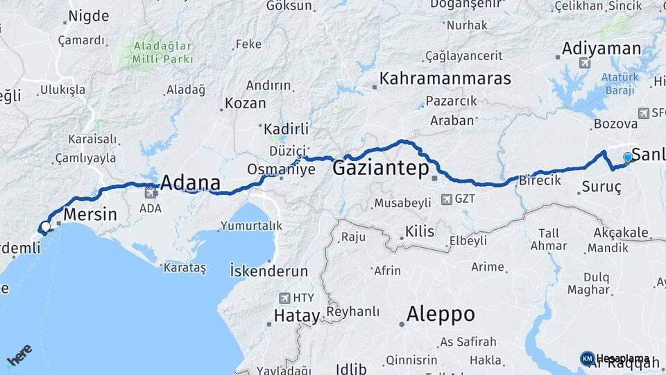 Şanlıurfa Mezitli Mersin Arası Kaç Km - Yol Haritası
