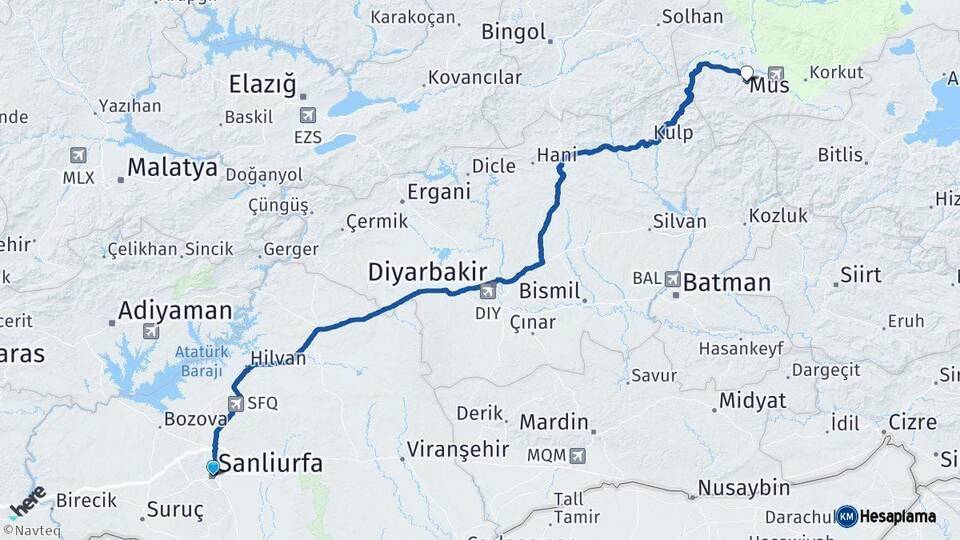Şanlıurfa Muş Arası Kaç Km - Yol Haritası