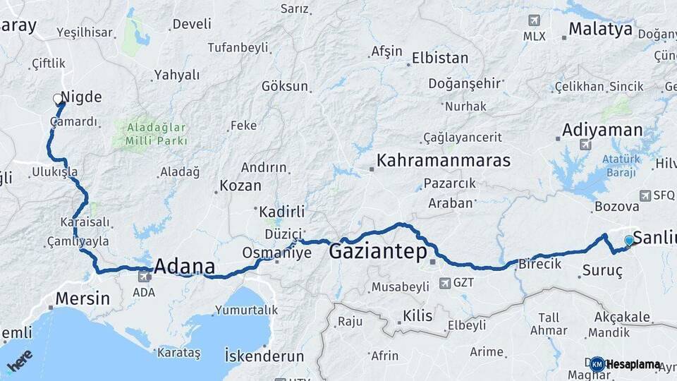 Şanlıurfa Niğde Arası Kaç Km - Yol Haritası