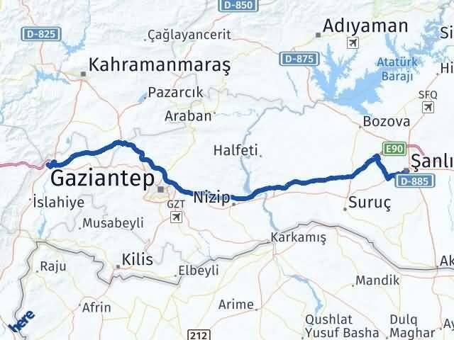 Şanlıurfa Nurdağı Gaziantep Arası Kaç Km - Yol Haritası