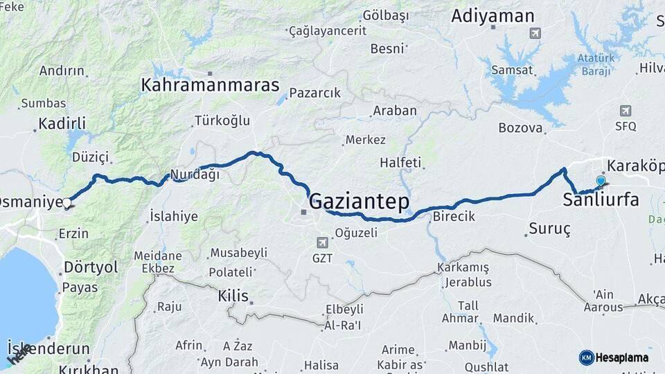 Şanlıurfa Osmaniye Arası Kaç Km - Yol Haritası