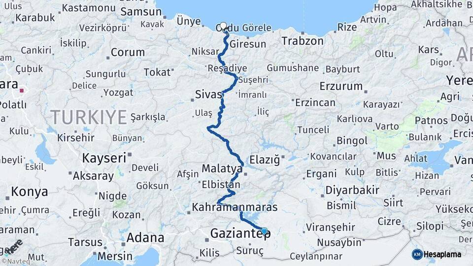Şanlıurfa Perşembe Ordu Arası Kaç Km - Yol Haritası