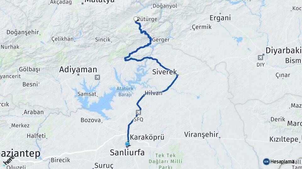 Şanlıurfa Pütürge Malatya Arası Kaç Km - Yol Haritası