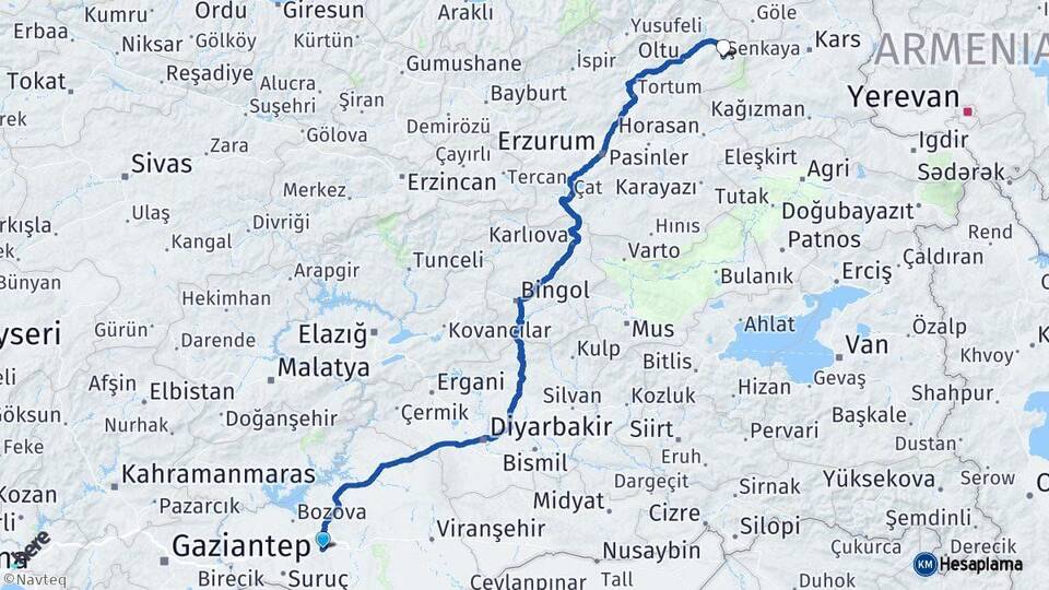 Şanlıurfa Şenkaya Erzurum Arası Kaç Km - Yol Haritası