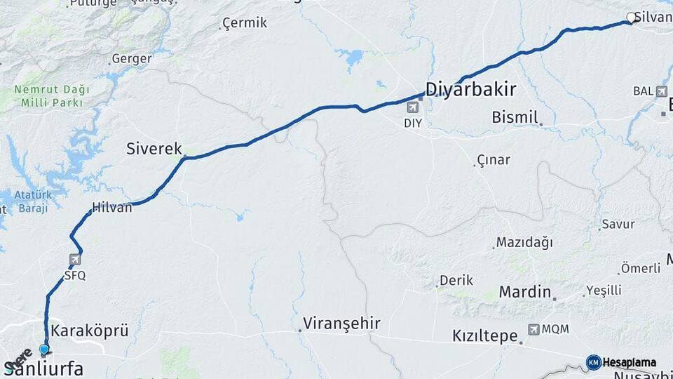 Şanlıurfa Silvan Diyarbakır Arası Kaç Km - Yol Haritası