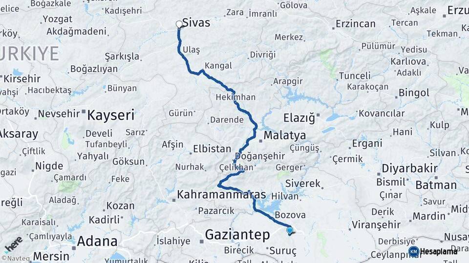 Şanlıurfa Sivas Arası Kaç Km - Yol Haritası