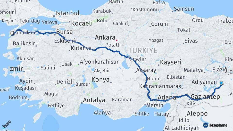 Şanlıurfa Siverek Çanakkale Arası Kaç Km - Yol Haritası