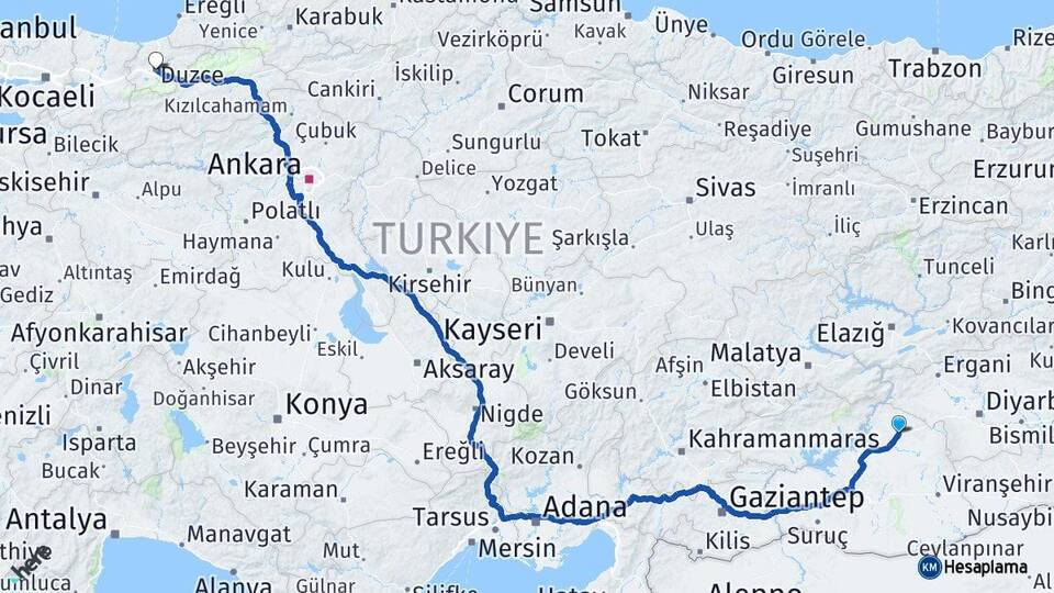 Şanlıurfa Siverek Düzce Arası Kaç Km - Yol Haritası