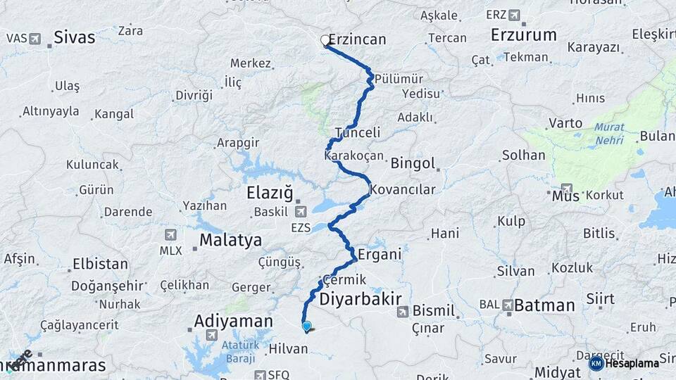 Şanlıurfa Siverek Erzincan Arası Kaç Km - Yol Haritası