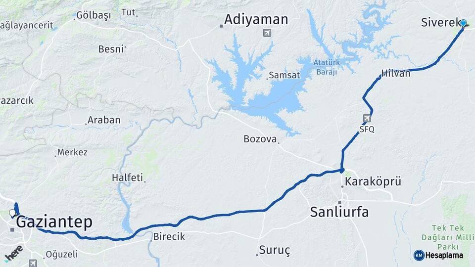 Şanlıurfa Siverek Gaziantep Arası Kaç Km - Yol Haritası