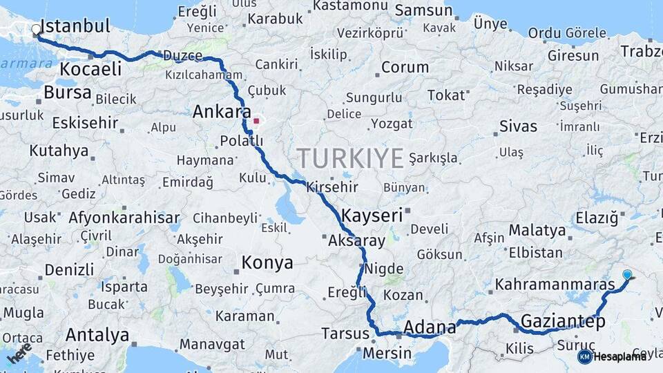 Şanlıurfa Siverek İstanbul Arası Kaç Km - Yol Haritası