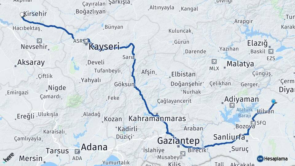 Şanlıurfa Siverek Kırşehir Arası Kaç Km - Yol Haritası