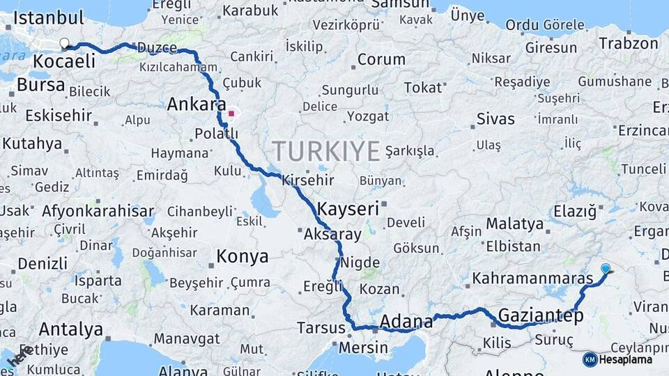 Şanlıurfa Siverek Kocaeli Arası Kaç Km - Yol Haritası
