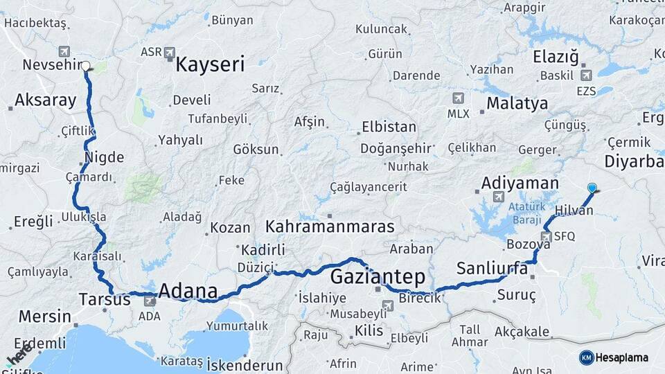 Şanlıurfa Siverek Nevşehir Arası Kaç Km - Yol Haritası