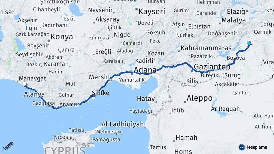 Şanlıurfa Siverek Okurcalar Alanya Antalya Arası Kaç Km - Yol Haritası