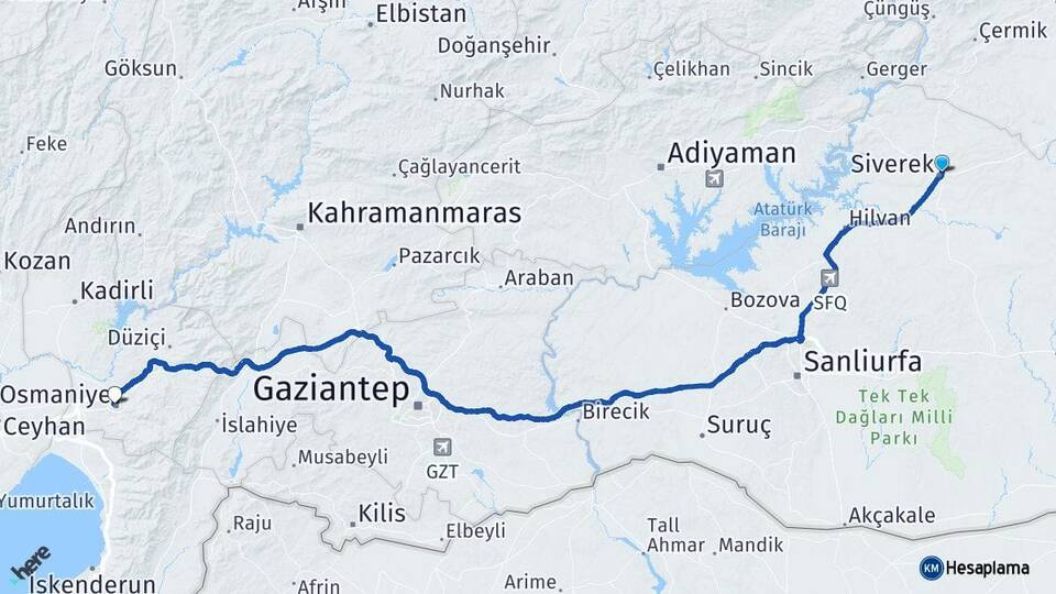 Şanlıurfa Siverek Osmaniye Arası Kaç Km - Yol Haritası