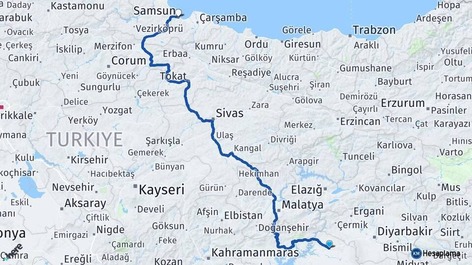 Şanlıurfa Siverek Samsun Arası Kaç Km - Yol Haritası