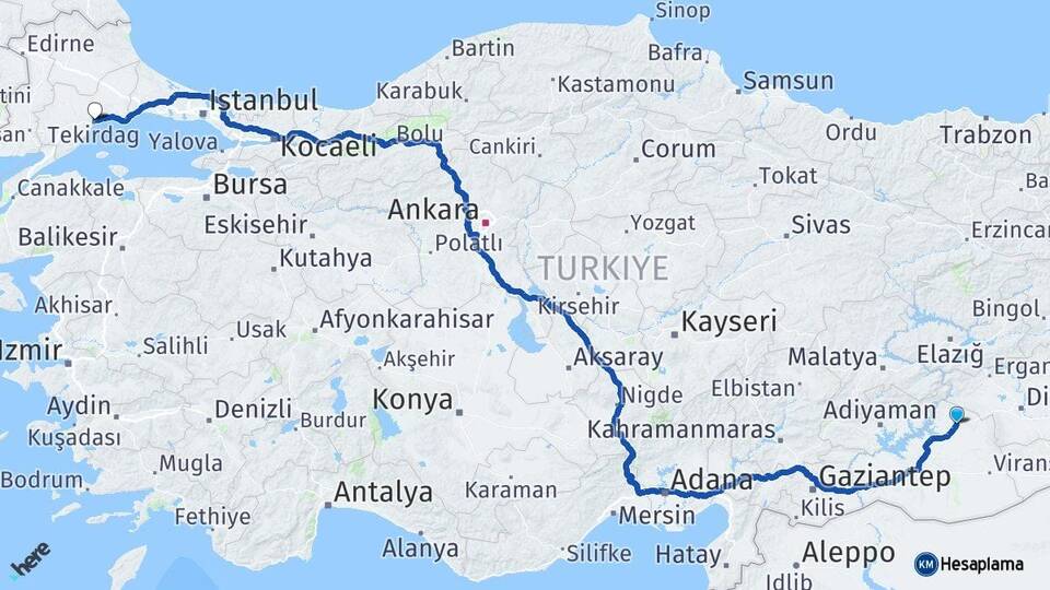 Şanlıurfa Siverek Tekirdağ Arası Kaç Km - Yol Haritası