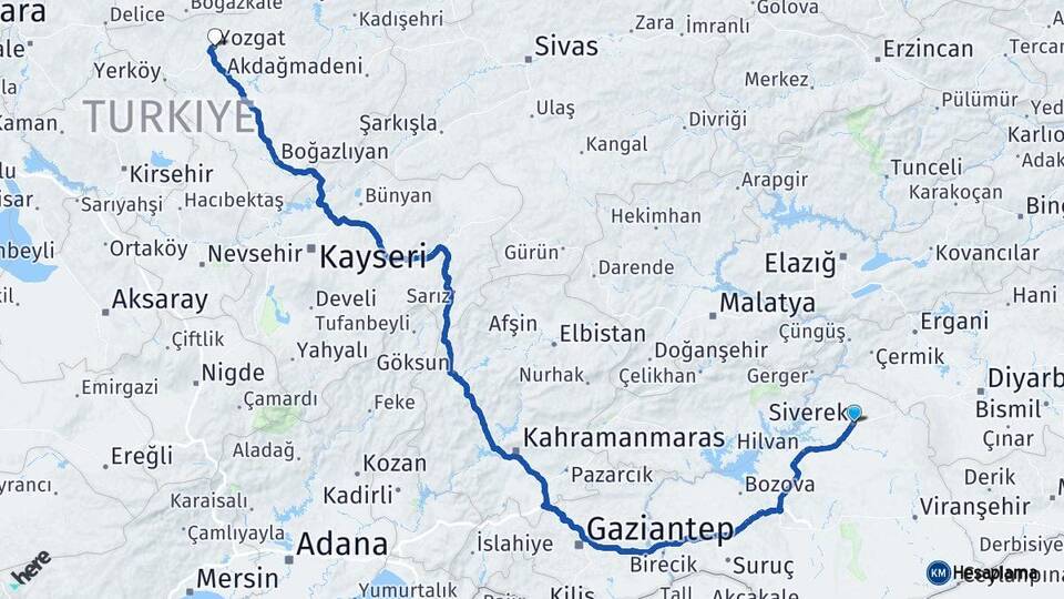Şanlıurfa Siverek Yozgat Arası Kaç Km - Yol Haritası