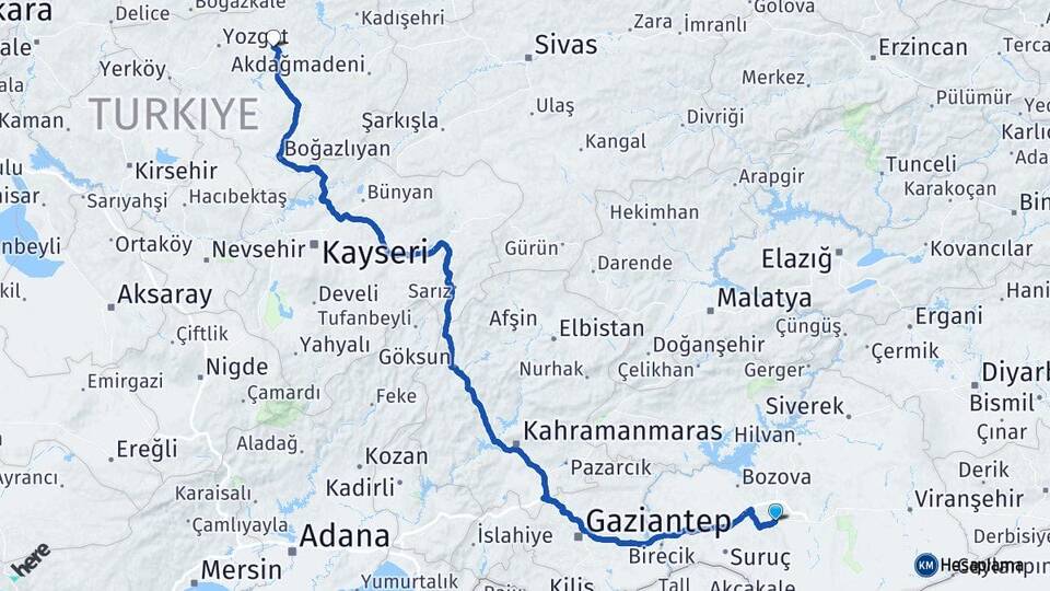 Şanlıurfa Sorgun Yozgat Arası Kaç Km - Yol Haritası