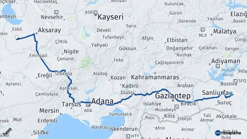 Şanlıurfa Sultanhanı Aksaray Arası Kaç Km - Yol Haritası