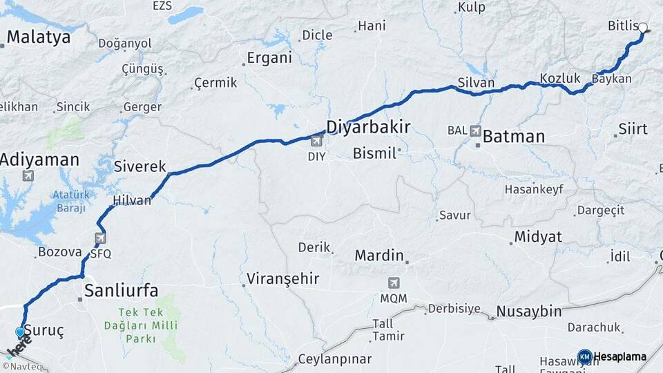 Şanlıurfa Suruç Bitlis Arası Kaç Km - Yol Haritası
