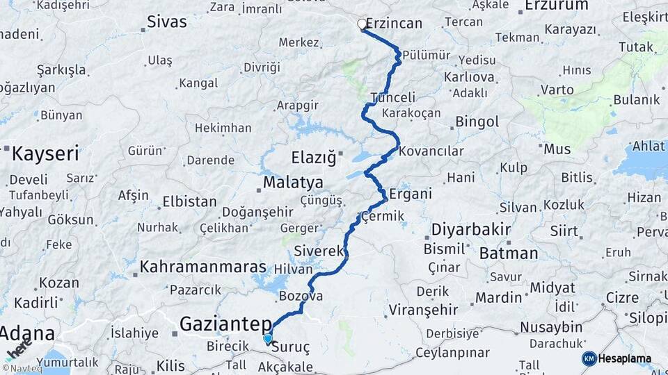 Şanlıurfa Suruç Erzincan Arası Kaç Km - Yol Haritası