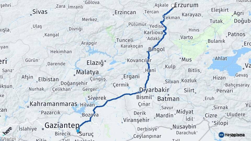 Şanlıurfa Suruç Erzurum Arası Kaç Km - Yol Haritası