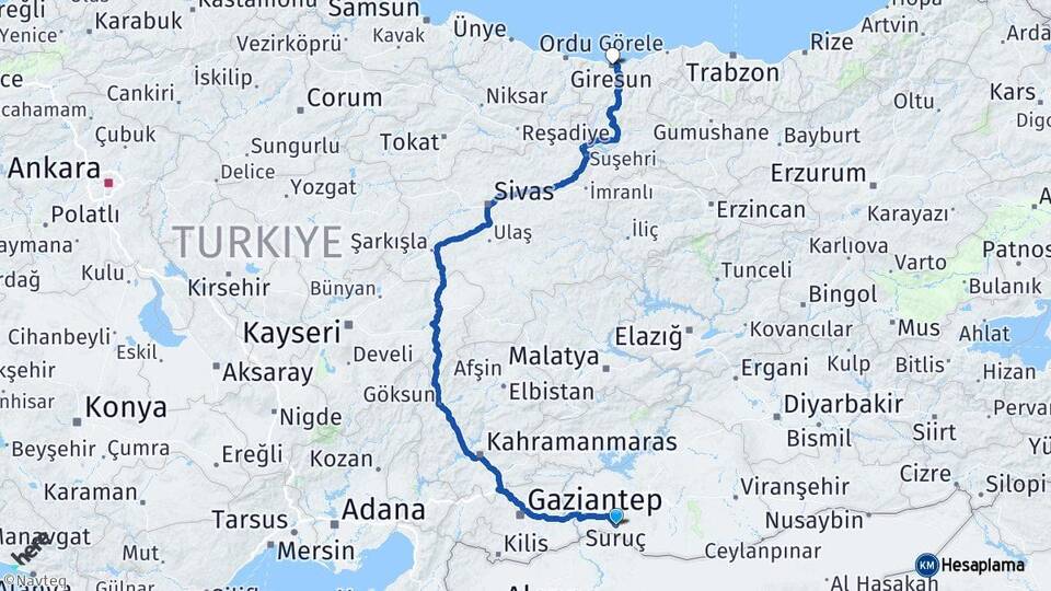 Şanlıurfa Suruç Giresun Arası Kaç Km - Yol Haritası