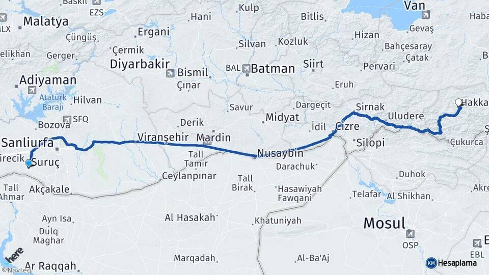 Şanlıurfa Suruç Hakkari Arası Kaç Km - Yol Haritası
